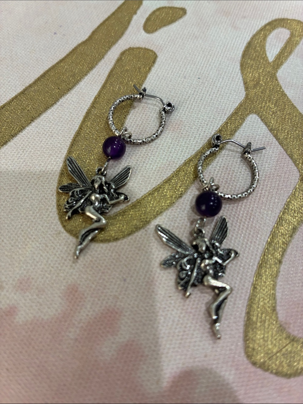 Silver Fairy Hoop Earrings with Purple Beads